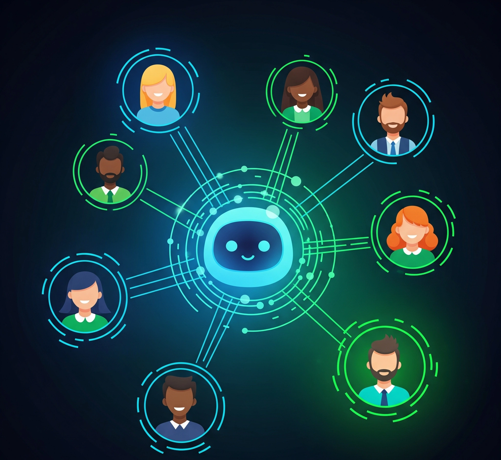 Gambar simbolis yang menampilkan berbagai ikon orang yang terhubung melalui garis-garis digital yang bersinar, melambangkan kolaborasi tim jarak jauh yang efektif dengan asisten virtual.