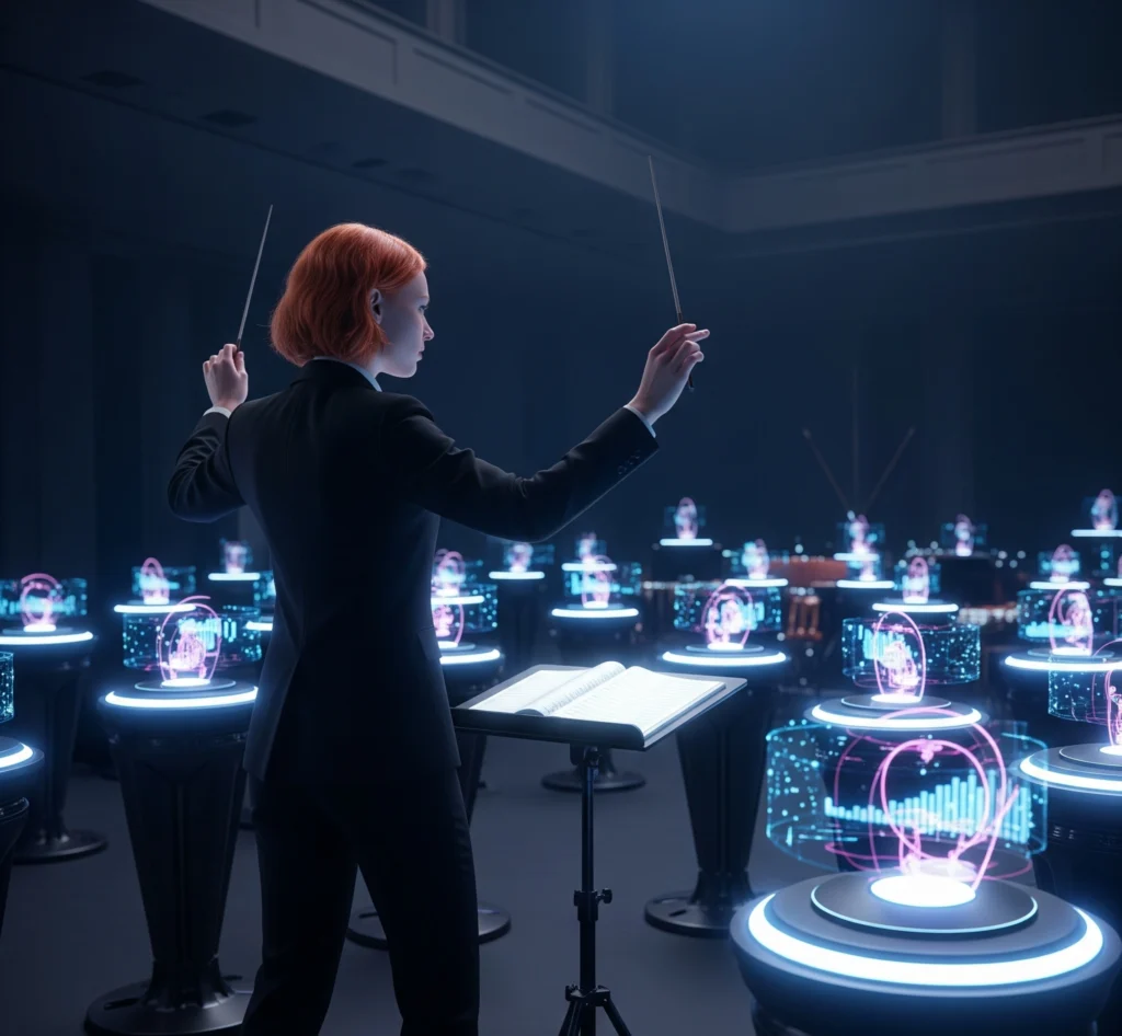 Metaphorical image featuring an orchestra conductor directing glowing digital instruments, symbolizing the orchestration of VA tools to achieve harmonious efficiency.
