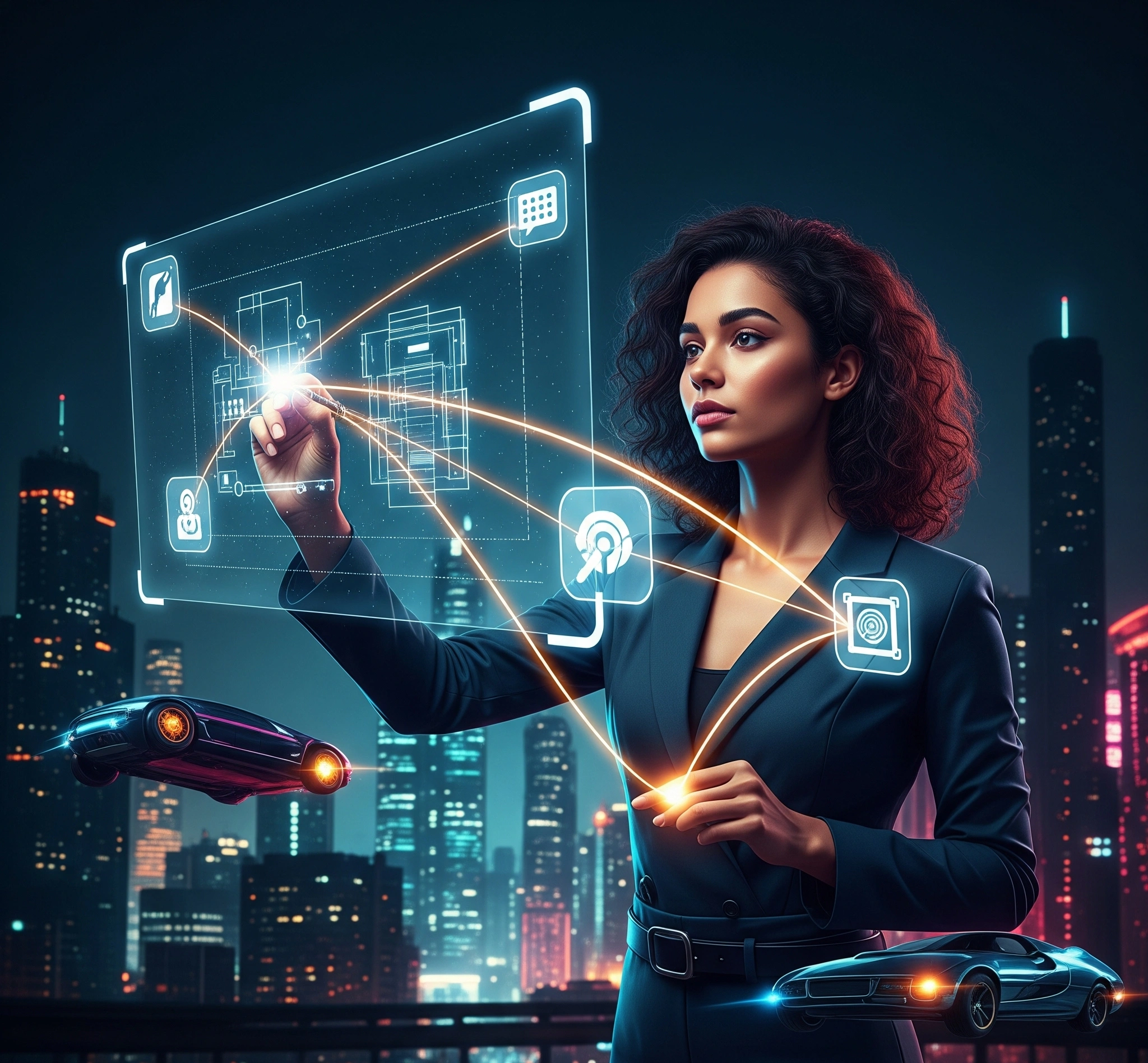 Gambar metafora yang menampilkan asisten virtual sebagai arsitek yang merancang cetak biru digital, dengan garis-garis bercahaya yang menghubungkan berbagai ikon aplikasi, melambangkan otomatisasi dan efisiens
