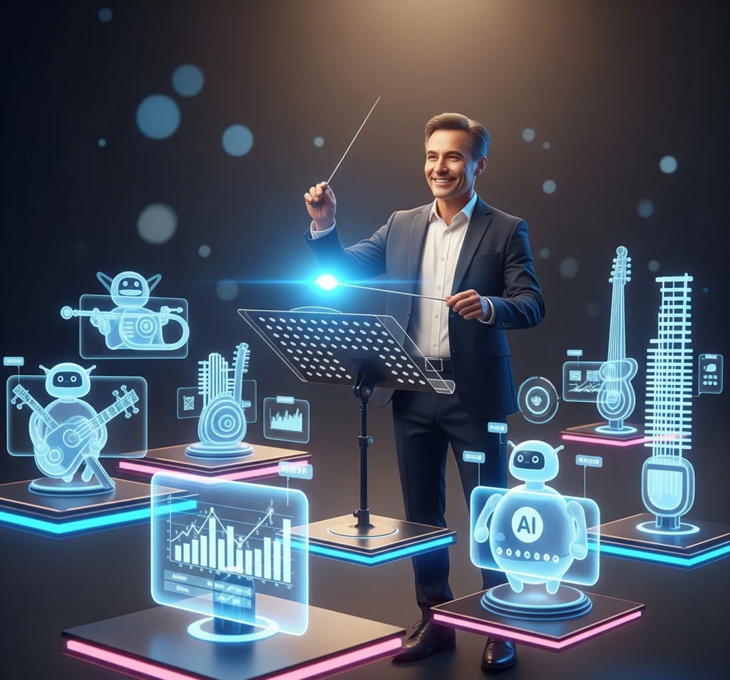 Gambar metafora yang menampilkan seorang manajer sebagai konduktor orkestra digital, mengarahkan berbagai instrumen (asisten virtual dan alat) untuk menciptakan melodi yang harmonis dan produktif, melambangkan