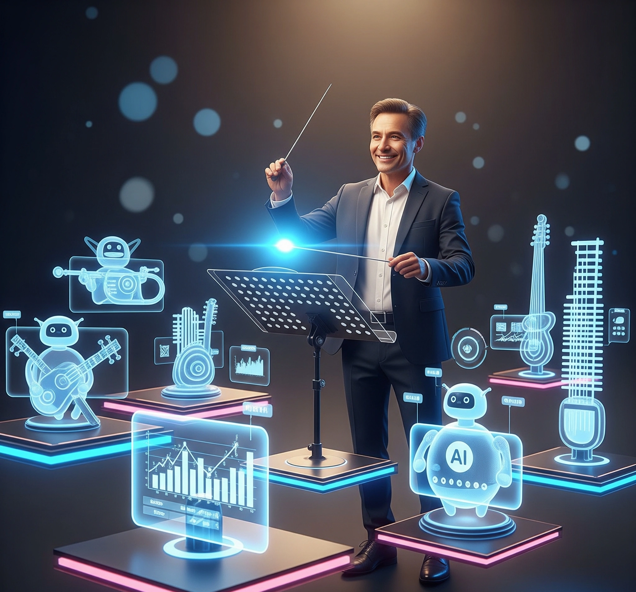 Gambar metafora yang menampilkan seorang manajer sebagai konduktor orkestra digital, mengarahkan berbagai instrumen (asisten virtual dan alat) untuk menciptakan melodi yang harmonis dan produktif, melambangkan