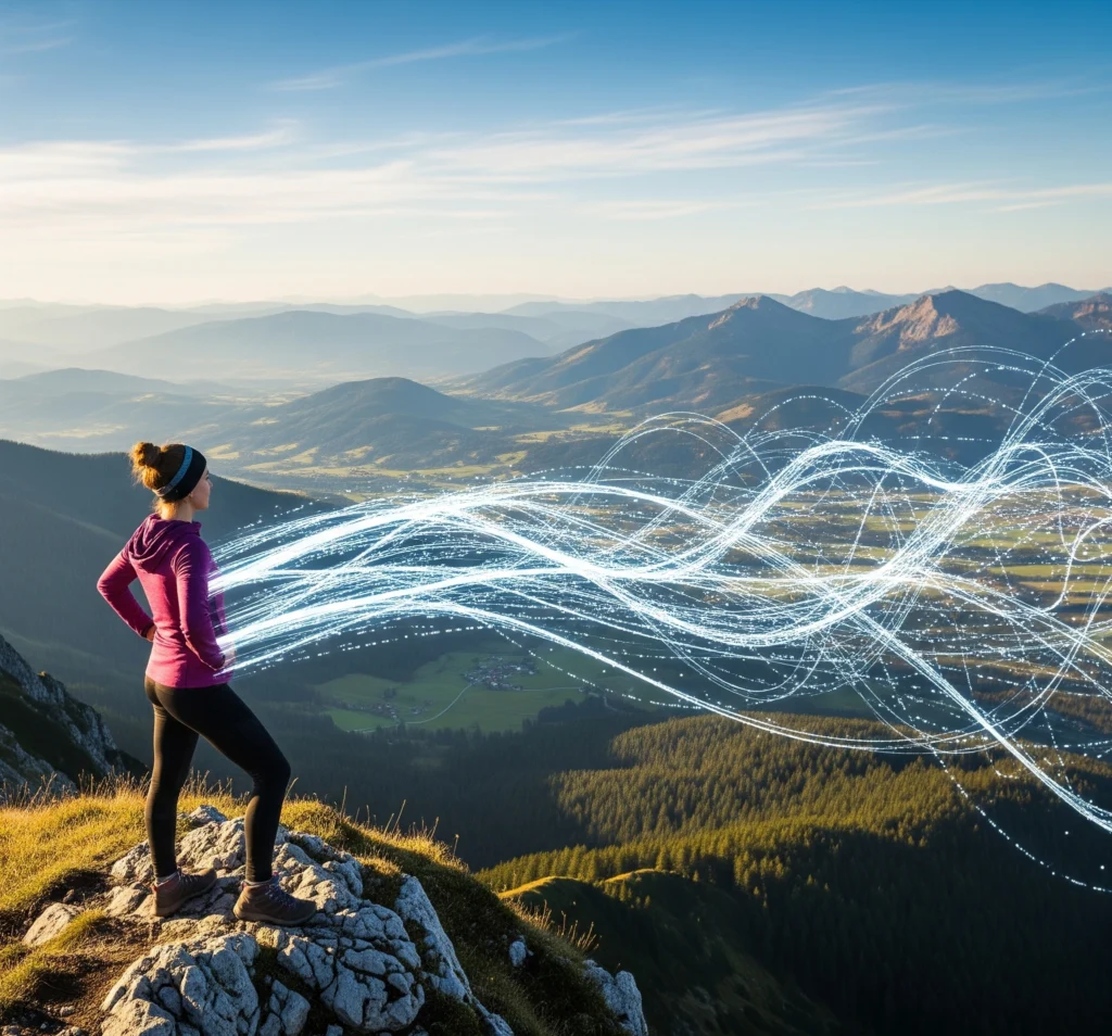 A person standing on a mountain peak, looking out at a clear, expansive landscape, with digital wisps or light trails flowing away from them, symbolizing tasks being handled remotely, representing a small busi
