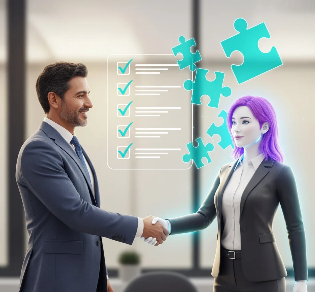 Gambar simbolis yang menampilkan klien (pemilik usaha kecil) berjabat tangan dengan avatar digital VA yang bersinar dan profesional, dengan daftar periksa atau potongan puzzle yang saling melengkapi di latar b