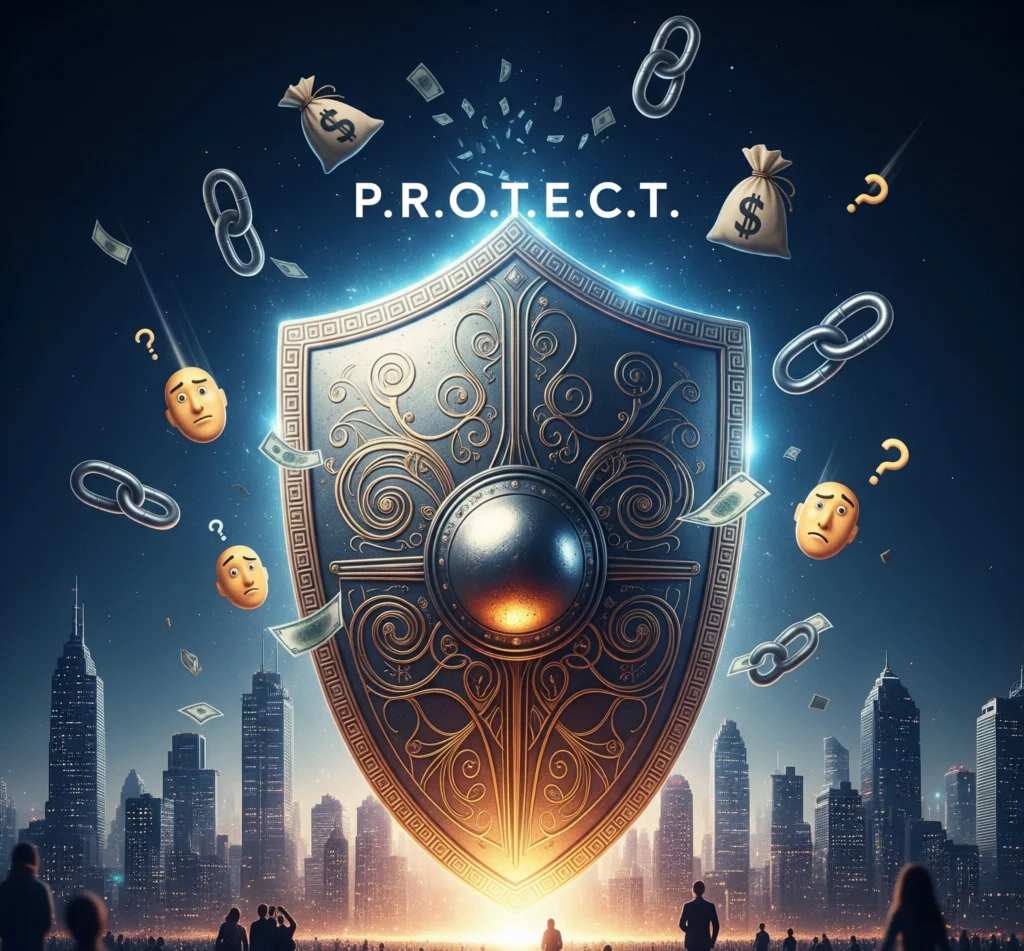 A metaphorical image of a strong, glowing shield protecting a thriving business from various outsourcing risks (e.g., broken links, falling money bags, confused faces), symbolizing the 'P.R.O.T.E.C.T.' framewo