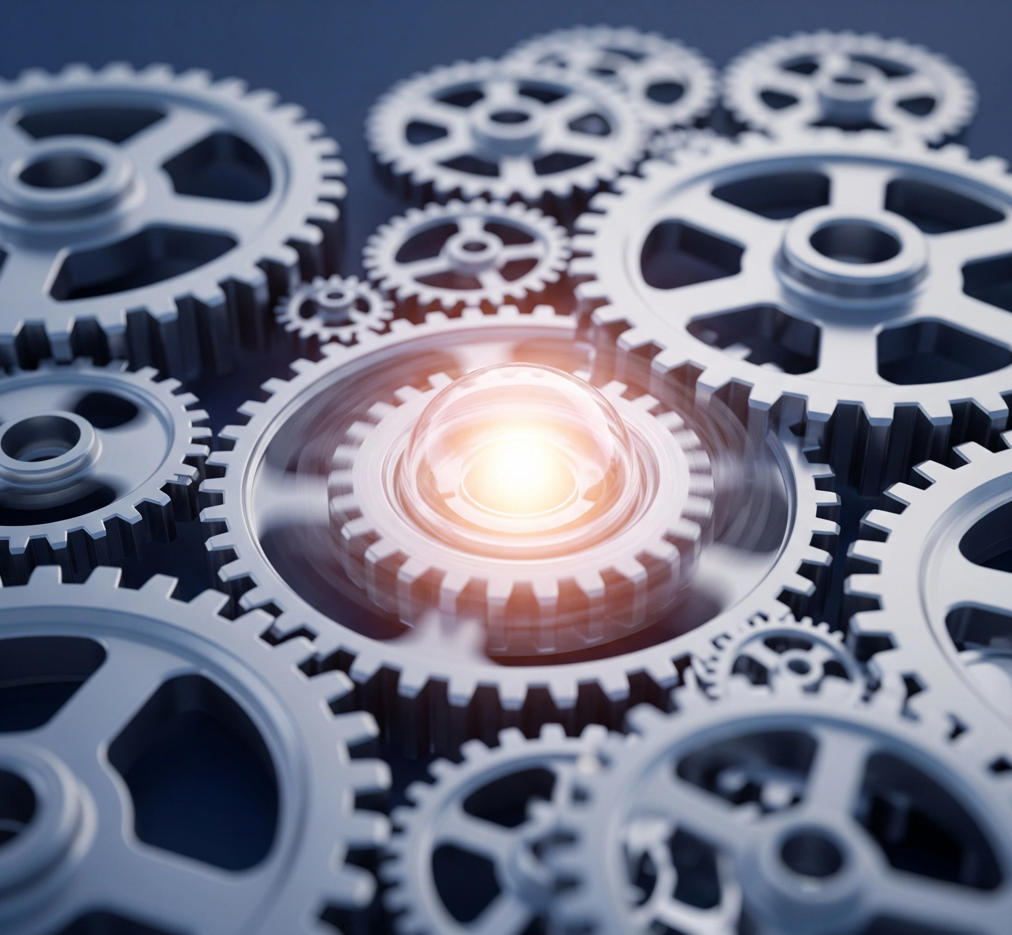 A symbolic image of interconnected gears smoothly turning, representing the seamless operation of a modern company powered by robust business support services, with a glowing central core.