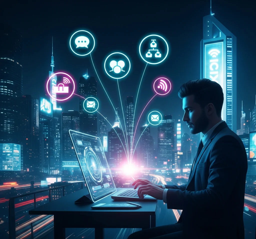 A symbolic image representing essential virtual assistant skills glowing digital icons of communication, organization, and technology converging on a human silhouette working efficiently in a futuristic setting.