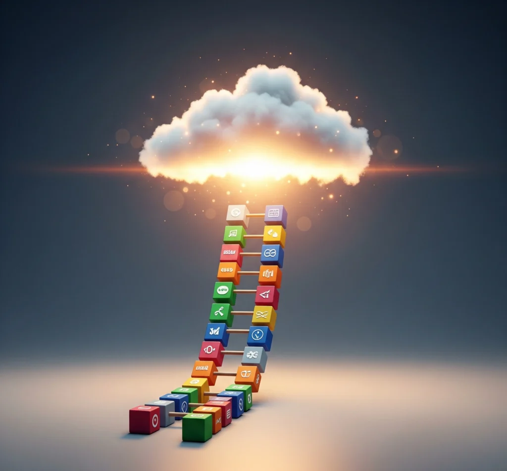 A metaphorical image of a ladder made of interconnected skill blocks, leading upwards towards a glowing cloud representing a successful remote career, symbolizing the step-by-step process of skill acquisition