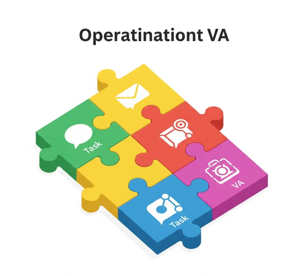 A metaphorical image of several distinct puzzle pieces (representing tasks, communication, and VAs) fitting together perfectly to form a complete, seamless operational picture, symbolizing a headache-free VA h