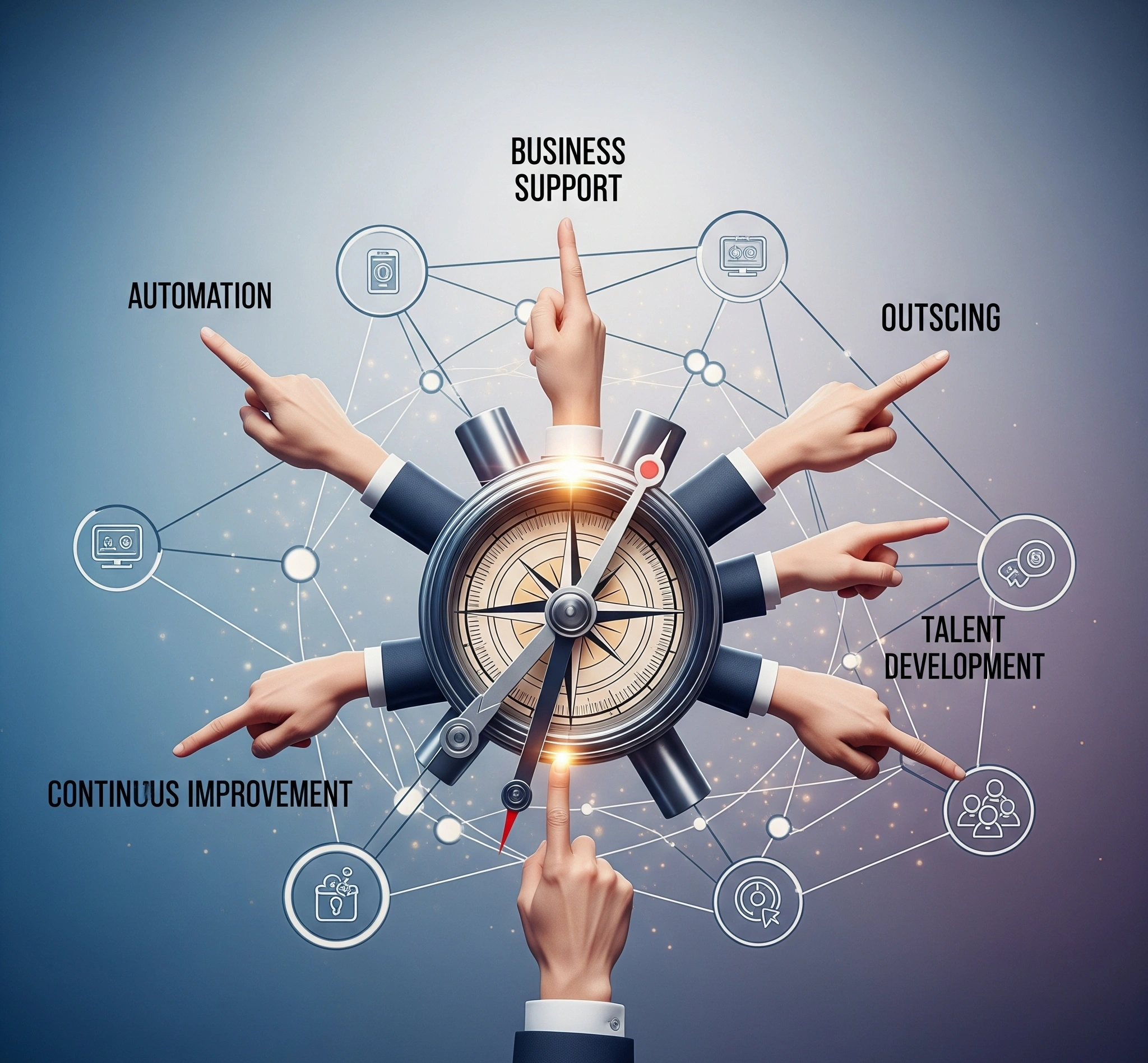 A metaphor image of a strategic compass with multiple hands pointing towards different facets of business support optimization automation, outsourcing, talent development, and continuous improvement, surrounde
