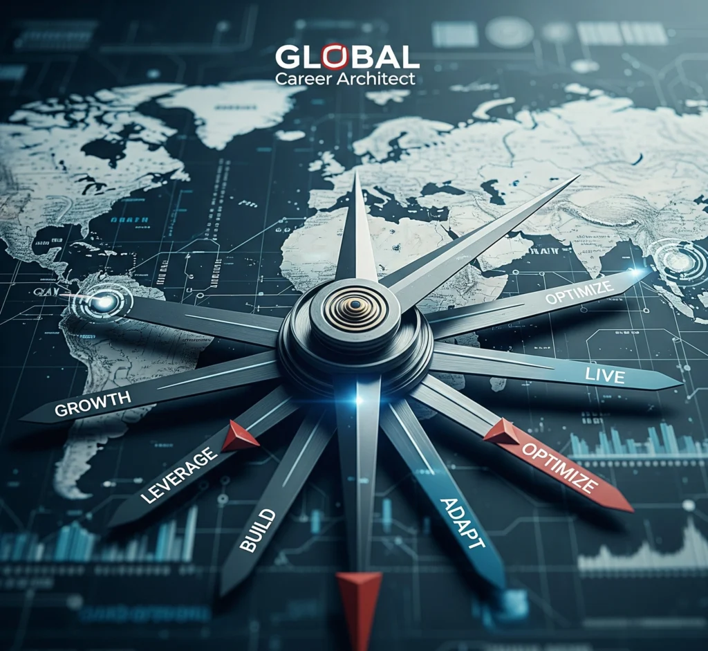 A metaphorical image of a compass with multiple pointers, each representing a facet of the GLOBAL Career Architect framework (Growth, Leverage, Optimize, Build, Adapt, Live), set against a backdrop of a world
