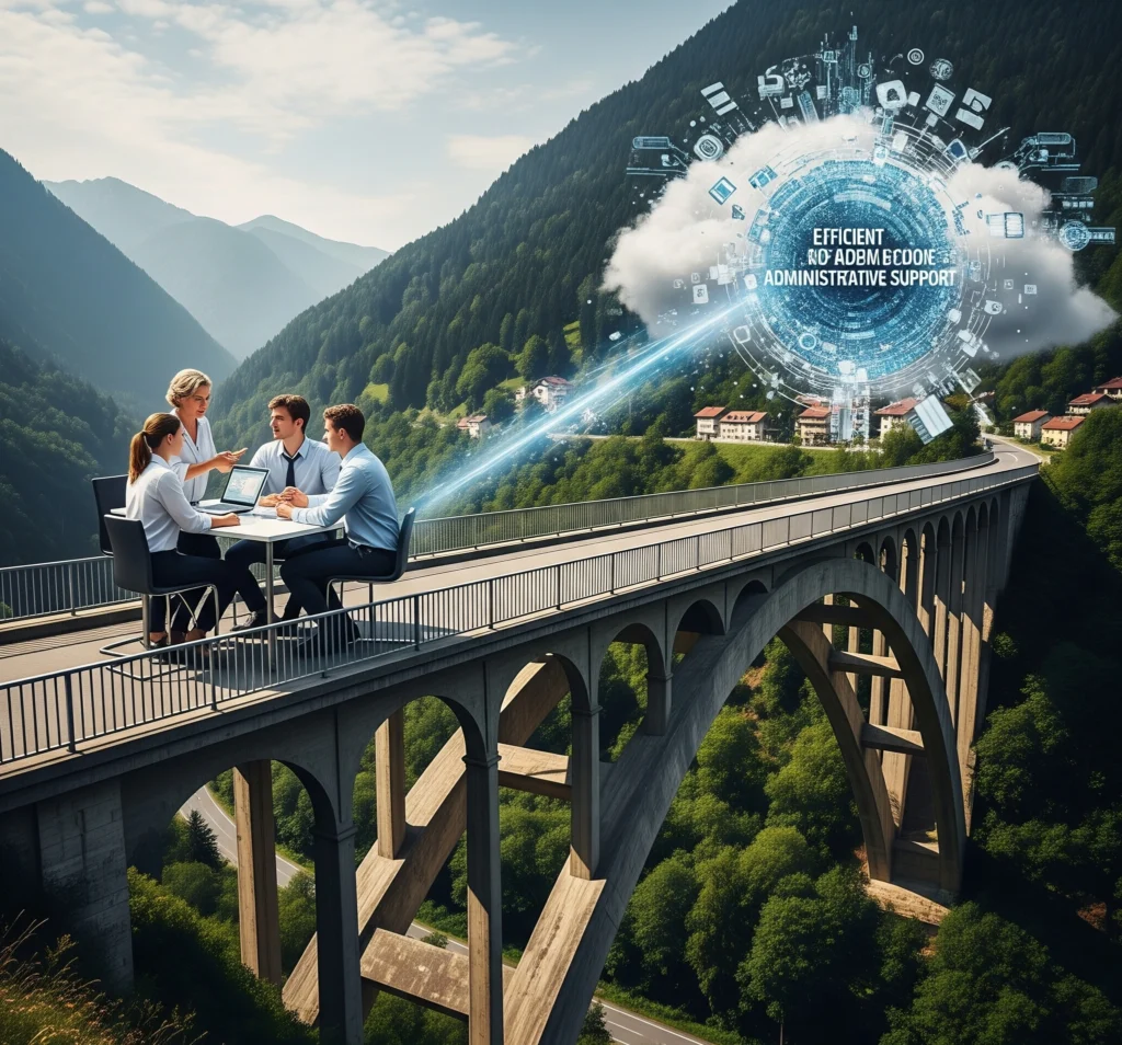 A metaphor image of a sturdy bridge connecting a small business's internal team (represented by a few figures) to an external cloud of administrative support, symbolizing seamless integration and collaboration