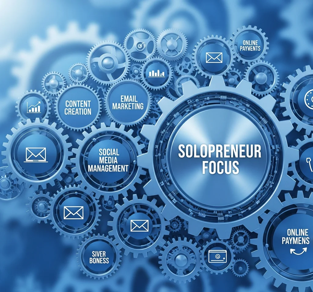 A metaphorical image of interconnected gears smoothly turning, with one large gear labeled 'Solopreneur Focus' being driven by smaller, automated gears representing various business processes, symbolizing effi