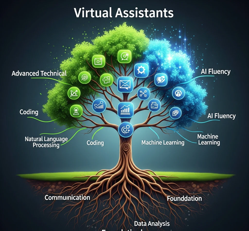 A metaphorical image of a branching skill tree, with roots representing foundational skills and branches extending towards advanced technical and AI fluency, symbolizing continuous growth and mastery for virtu