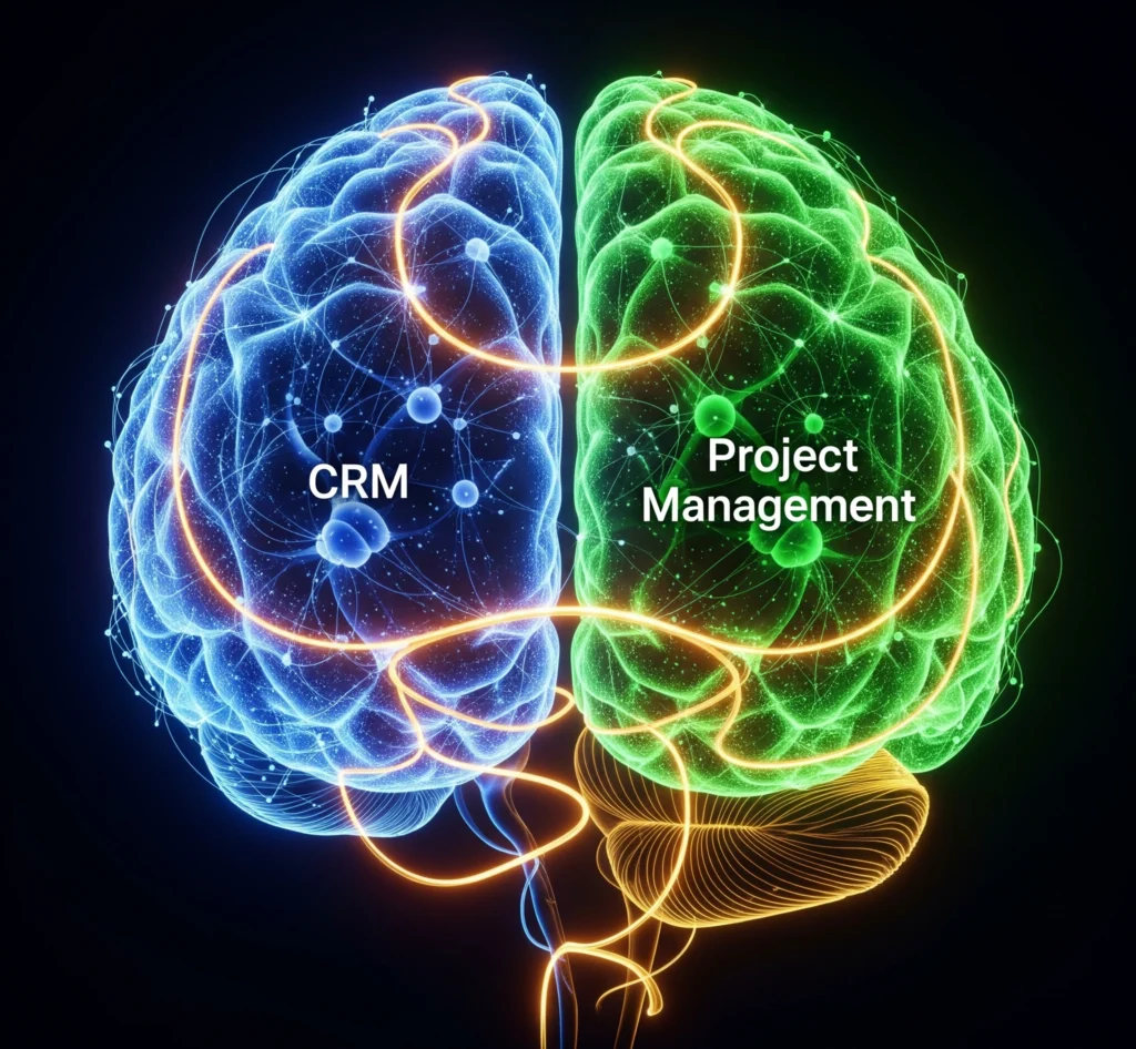 A metaphorical image of a glowing, interconnected brain structure, with distinct lobes representing CRM and Project Management, seamlessly linked by glowing pathways, symbolizing a unified business intelligenc