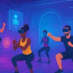 Metaverse VR fitness scene showing avatars working out together in a large virtual gym with holographic displays, neon lights, and immersive digital environments, highlighting social interaction and futuristic technology in virtual wellness
