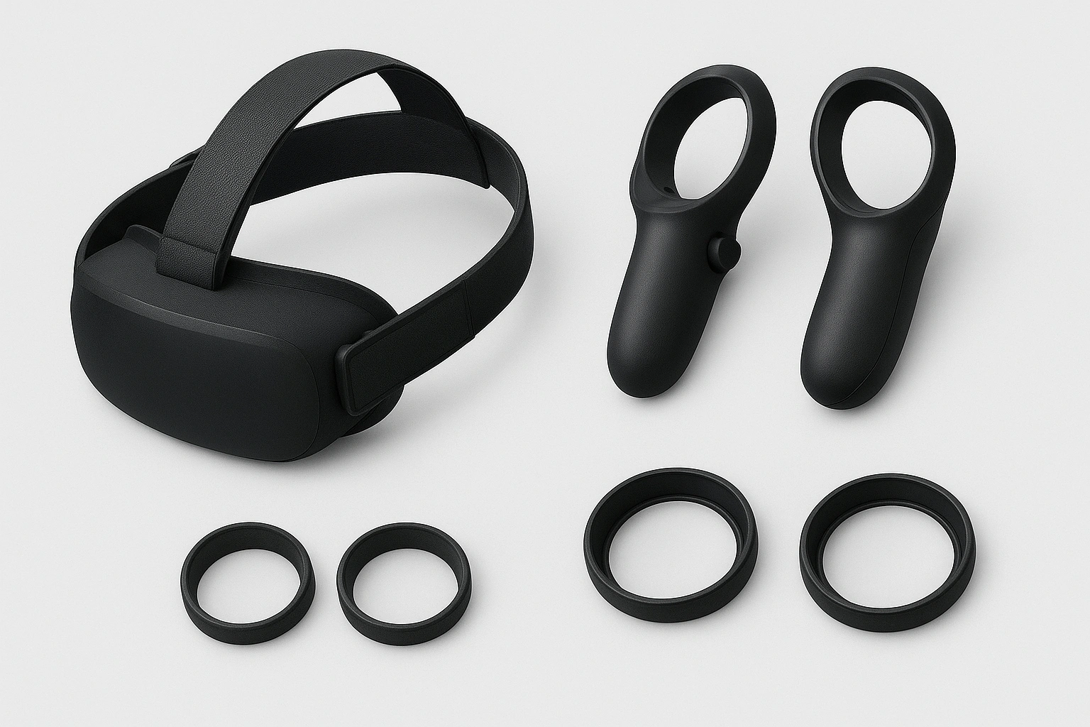 A collection of versatile VR accessories, including a head strap, controller grips, and lens inserts.
