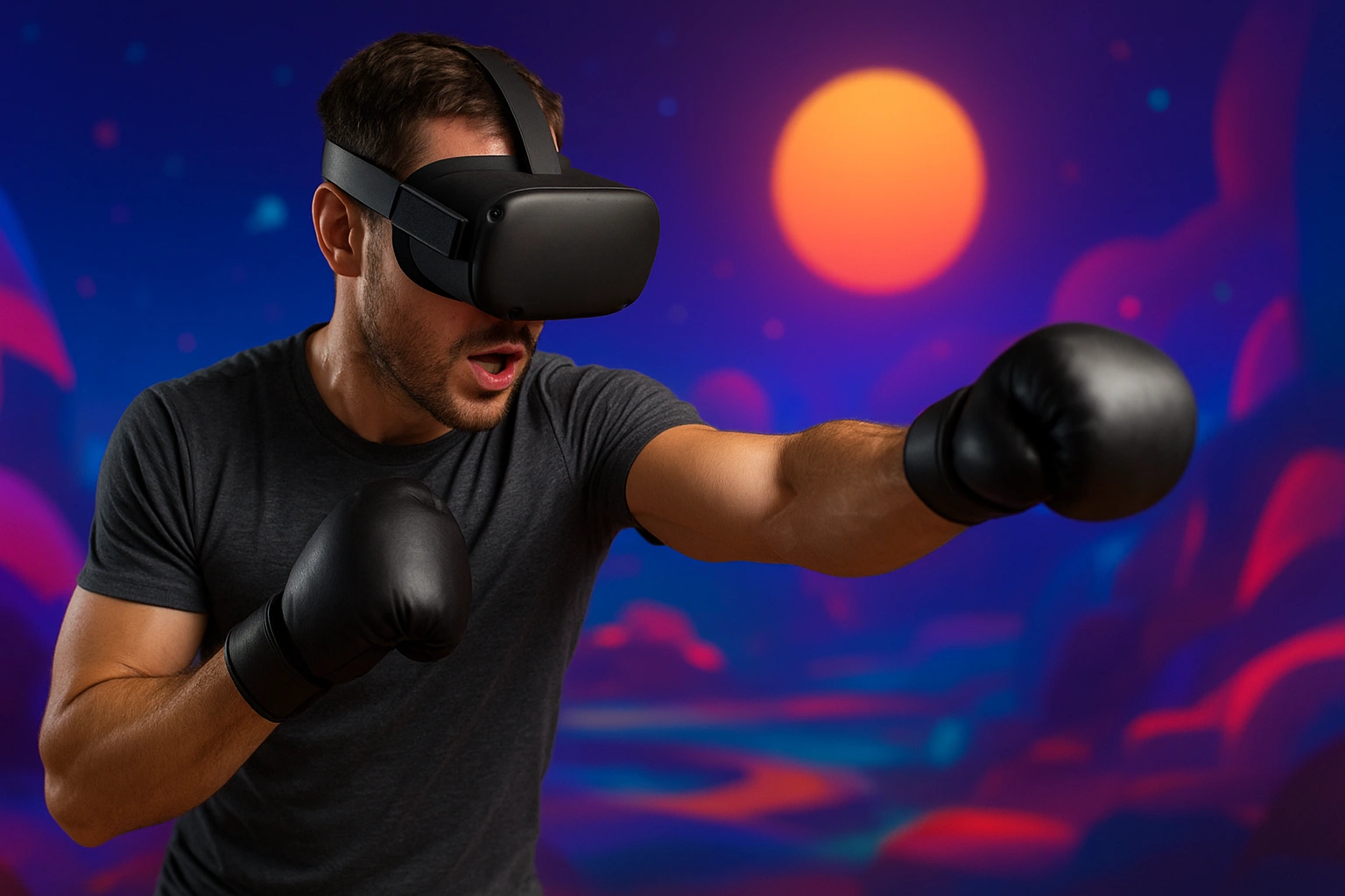 A person engaged in an intense workout using a VR boxing fitness app.