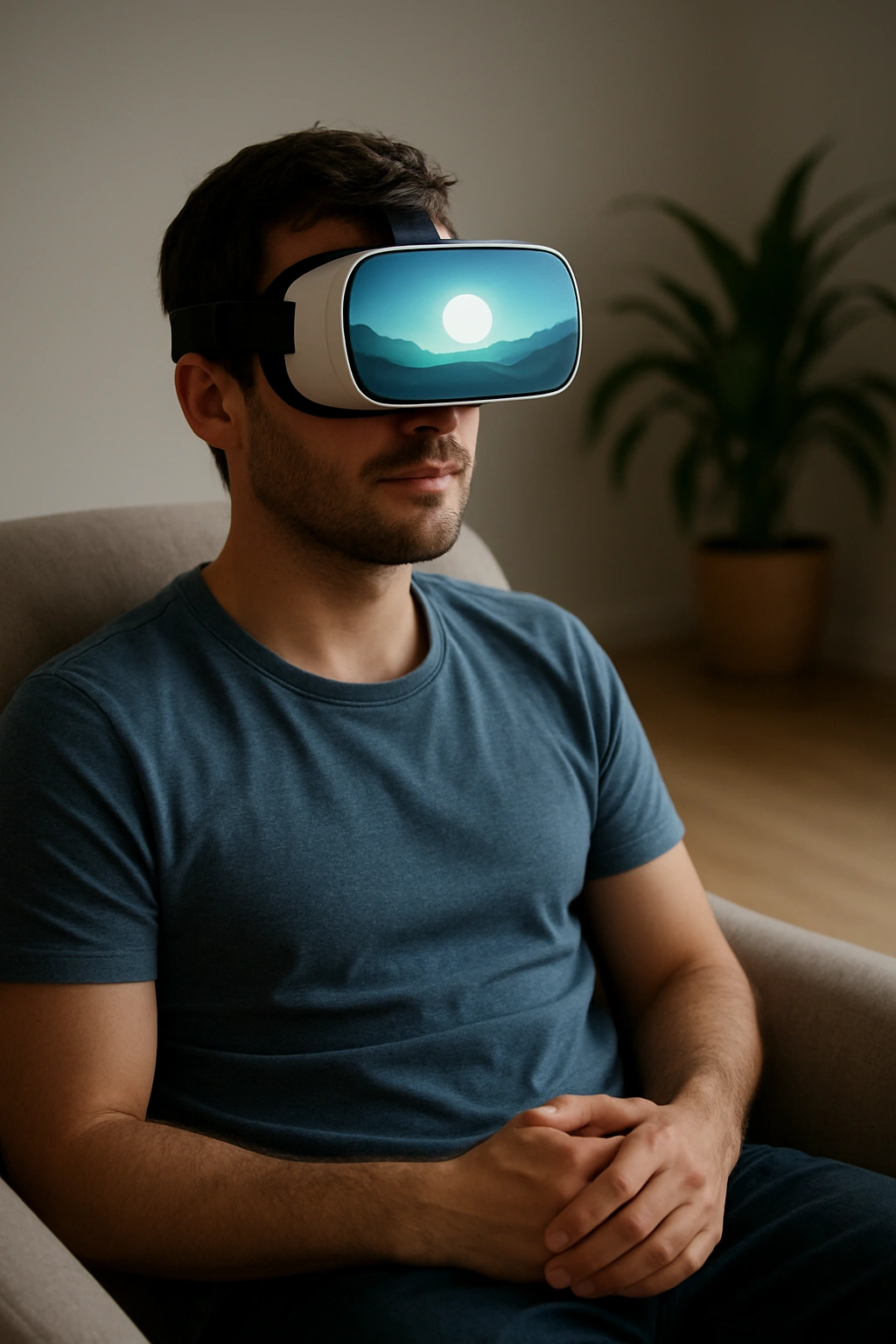A person finding a moment of peace and anxiety relief using a VR relaxation app.