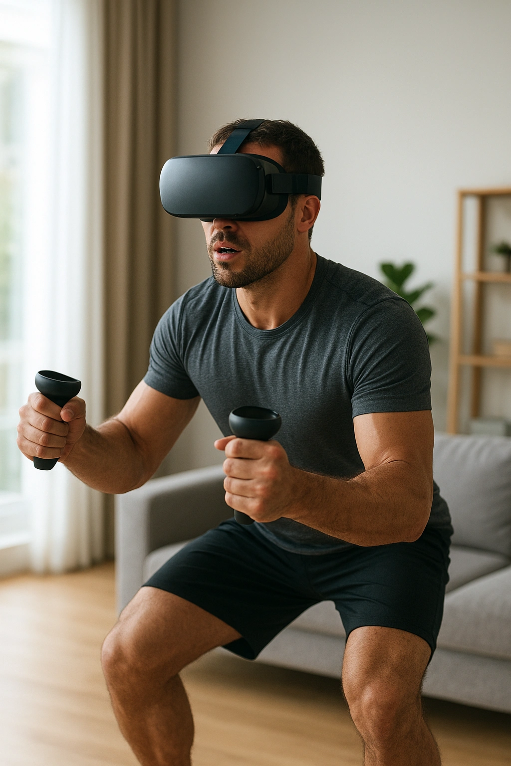 A person fully engaged in a virtual reality workout, showcasing the health benefits of VR fitness benefits.