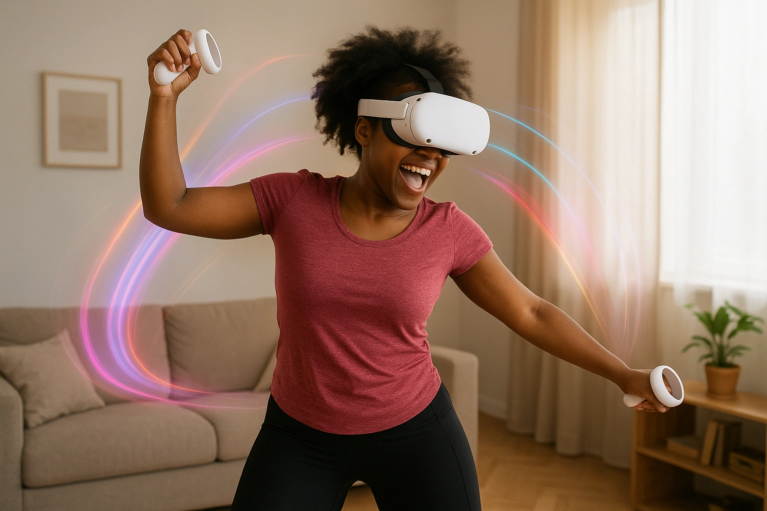 A person having fun and getting a cardio workout with a VR dance fitness app.