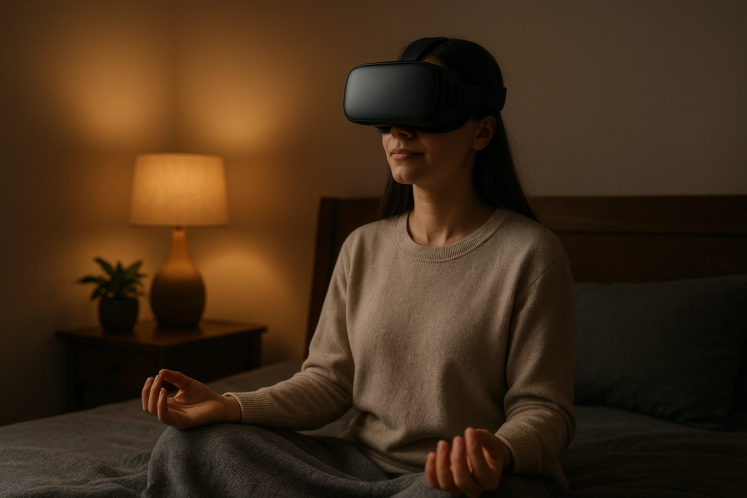 A person peacefully using VR wellness apps for sleep in a comfortable, dimly lit room.
