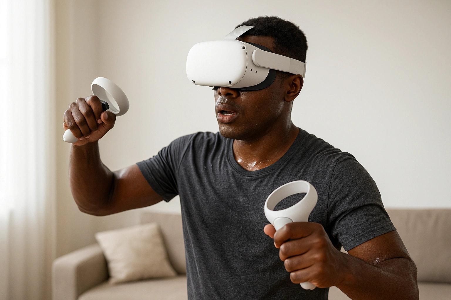 A person sweating while using one of the top calorie burning VR apps.