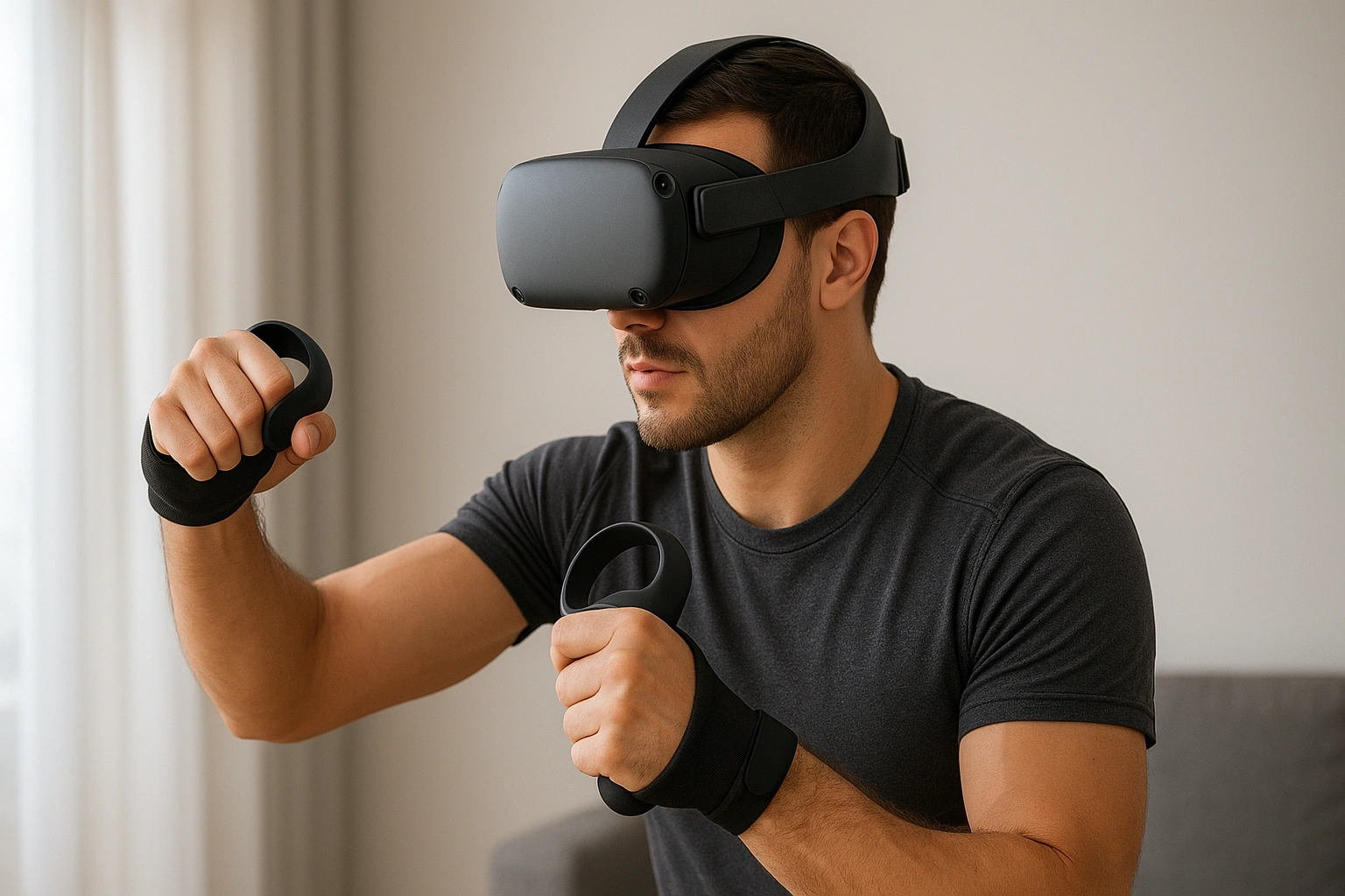 A person using a VR headset with fitness accessories including a halo-style head strap, silicone face cover, and controller grips, immersed in a virtual workout or gaming session.