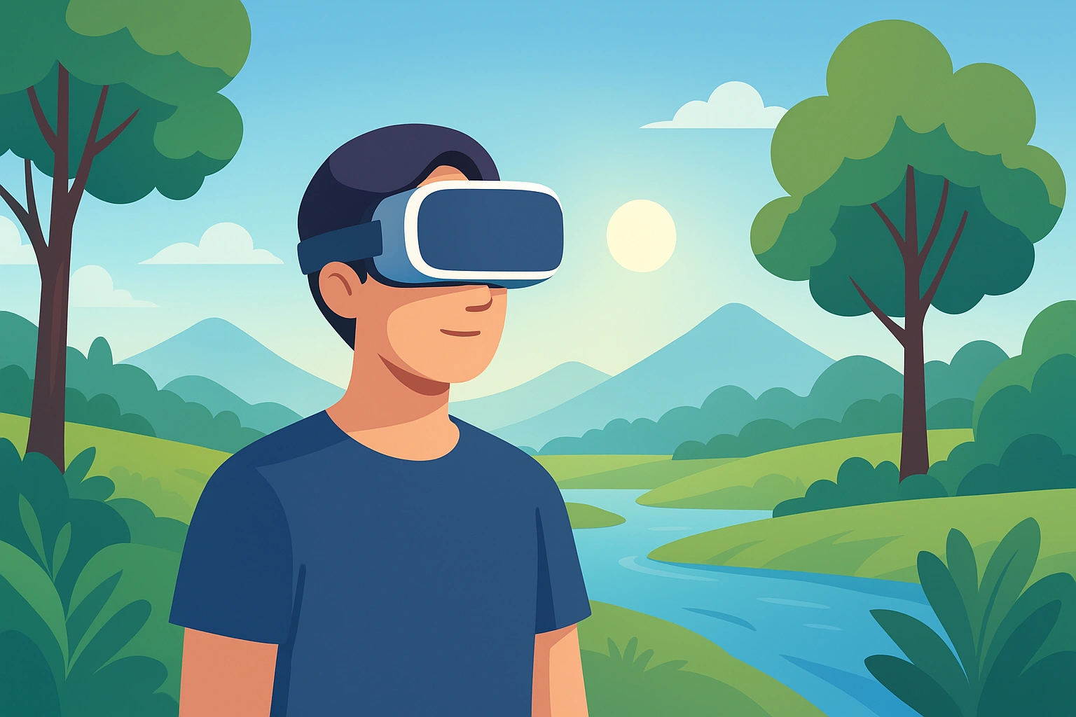 A person wearing a VR headset, looking calm and relaxed in a beautiful virtual nature scene, representing the future of VR wellness apps.