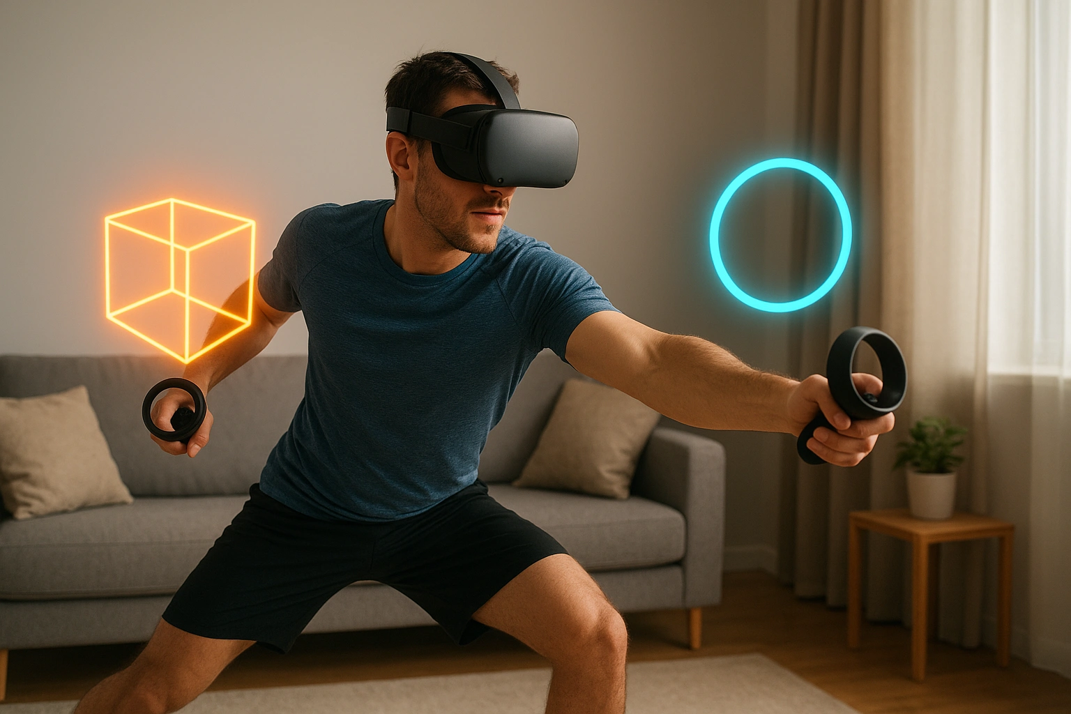 A person working out in their living room with virtual objects overlaid, demonstrating one of the key VR workout technology trends.
