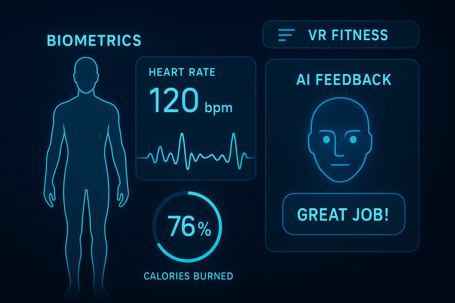 A sleek, futuristic interface showing biometric data and AI feedback, representing the future of VR fitness apps.