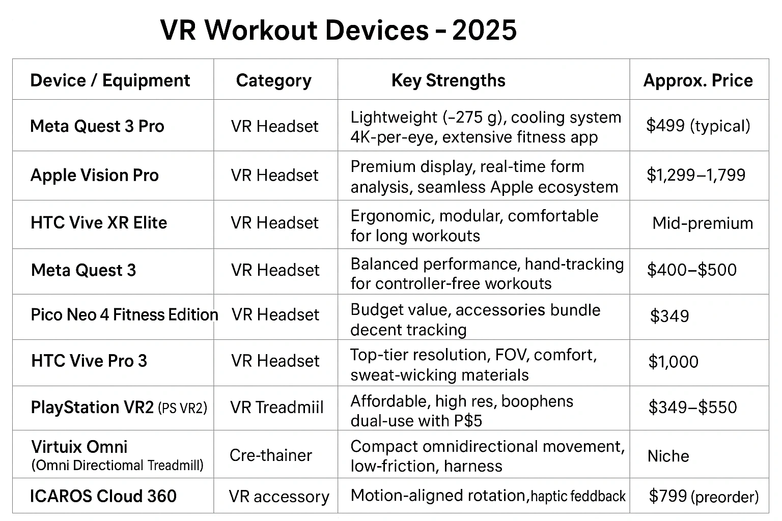 Comparison table of the best VR workout devices in 2025.