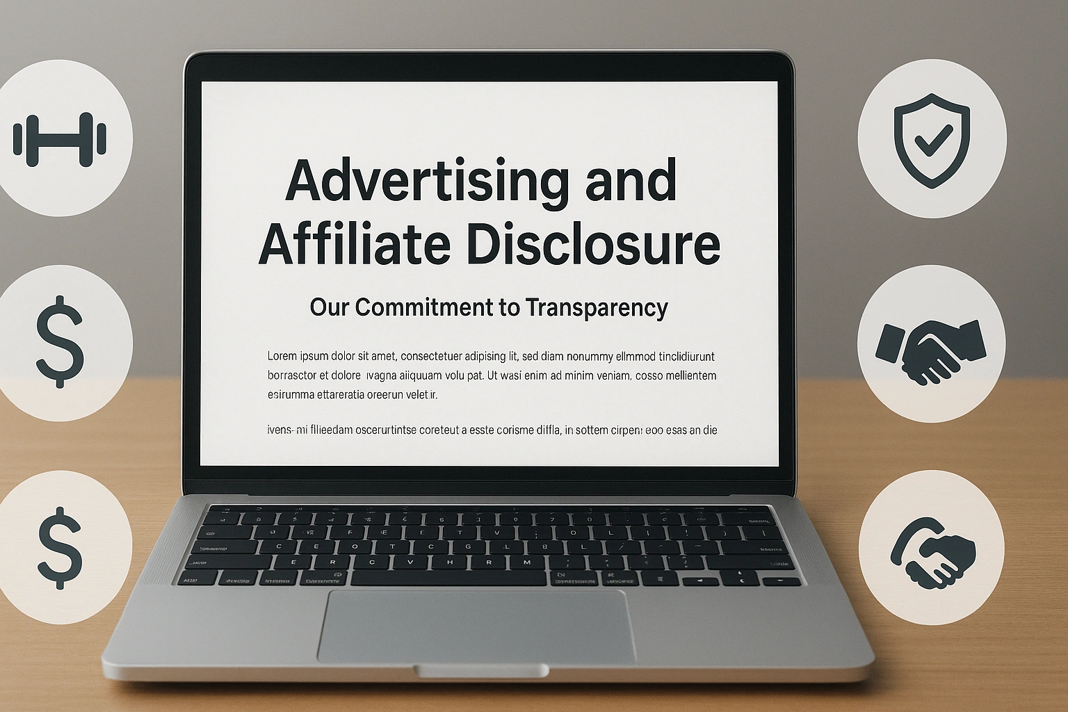 Laptop showing virtual fitness website advertising and affiliate disclosure, surrounded by icons representing fitness, money, transparency, and trust.
