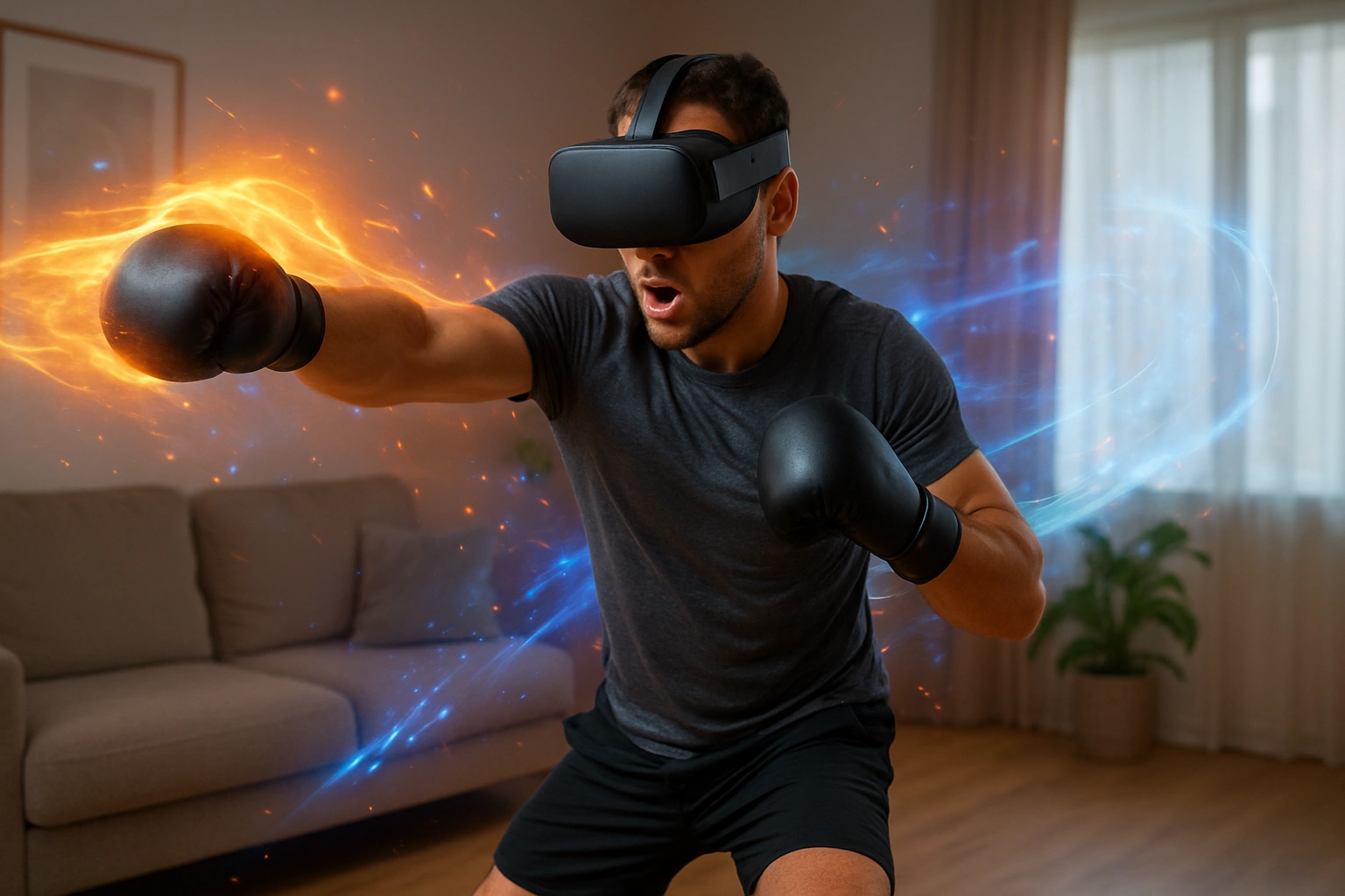 Person doing VR boxing workout at home wearing a VR headset and controllers, showing intense full-body movement and immersive virtual effects.