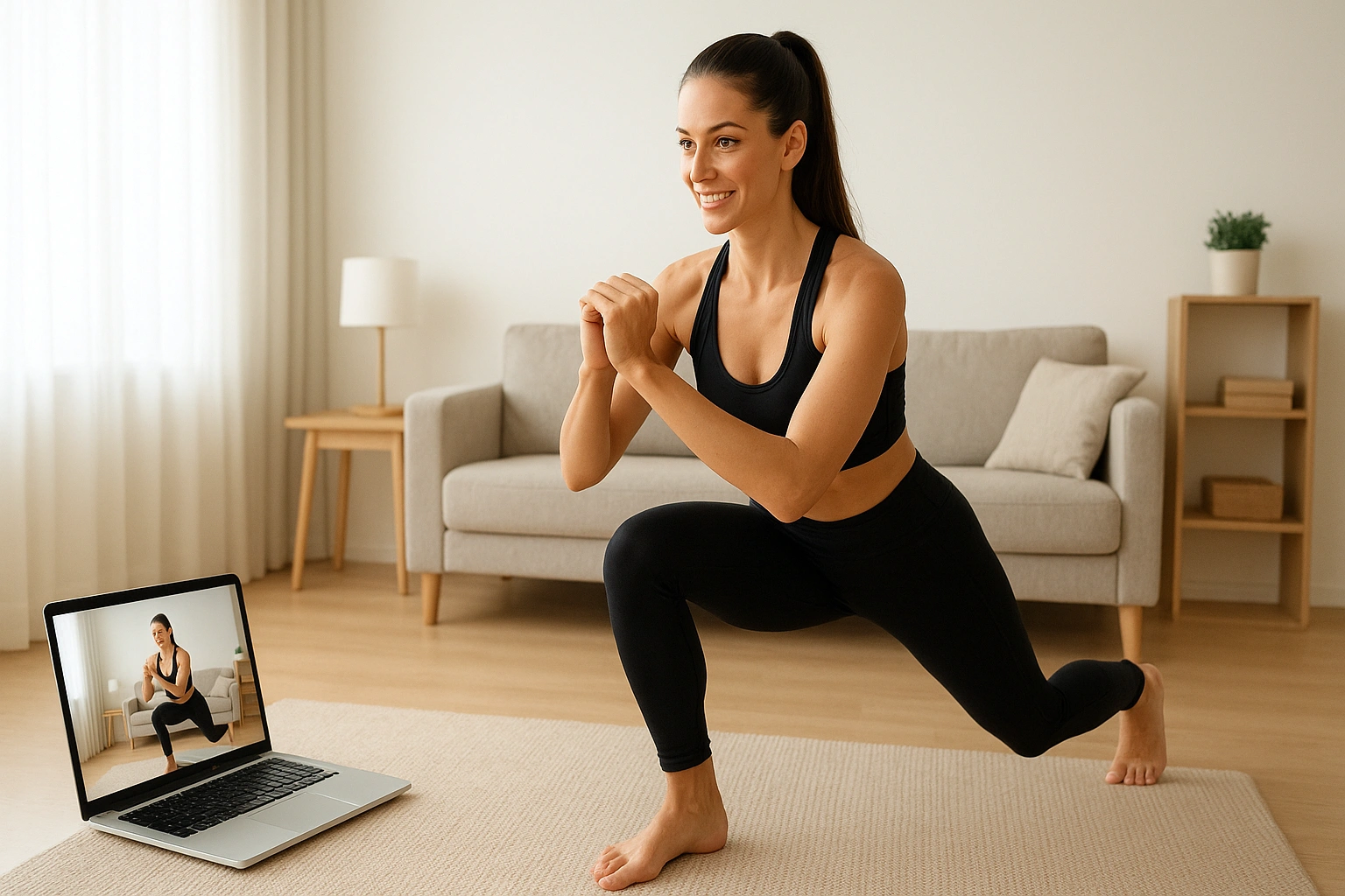 Person doing a virtual fitness workout in a bright, modern living room with laptop streaming an online class, representing at-home fitness and real results.