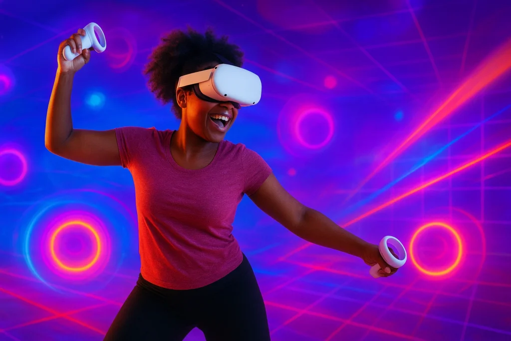 Person enjoying a VR dance fitness workout in a colorful virtual environment with VR headset and motion controllers, hitting glowing targets and moving to music