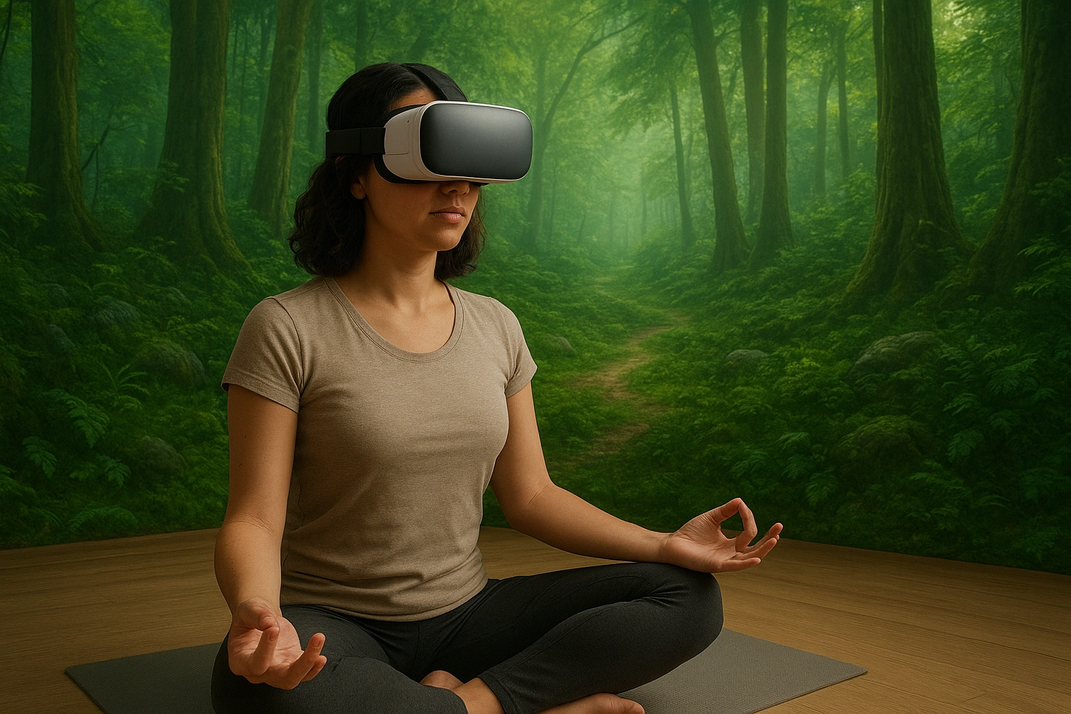 Person meditating in VR headset in a serene, immersive digital forest, representing VR mindfulness apps for relaxation and focus