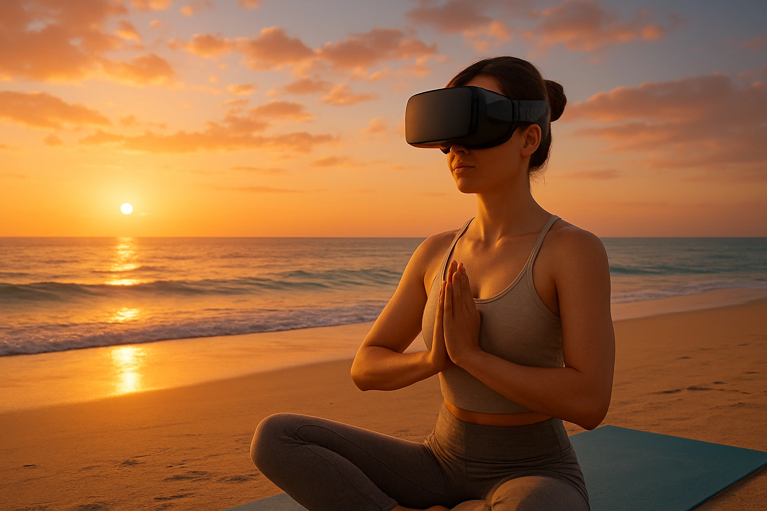Person practicing yoga in a virtual reality environment on a beach at sunset, wearing a VR headset, illustrating immersive VR yoga apps for relaxation and mindfulness.