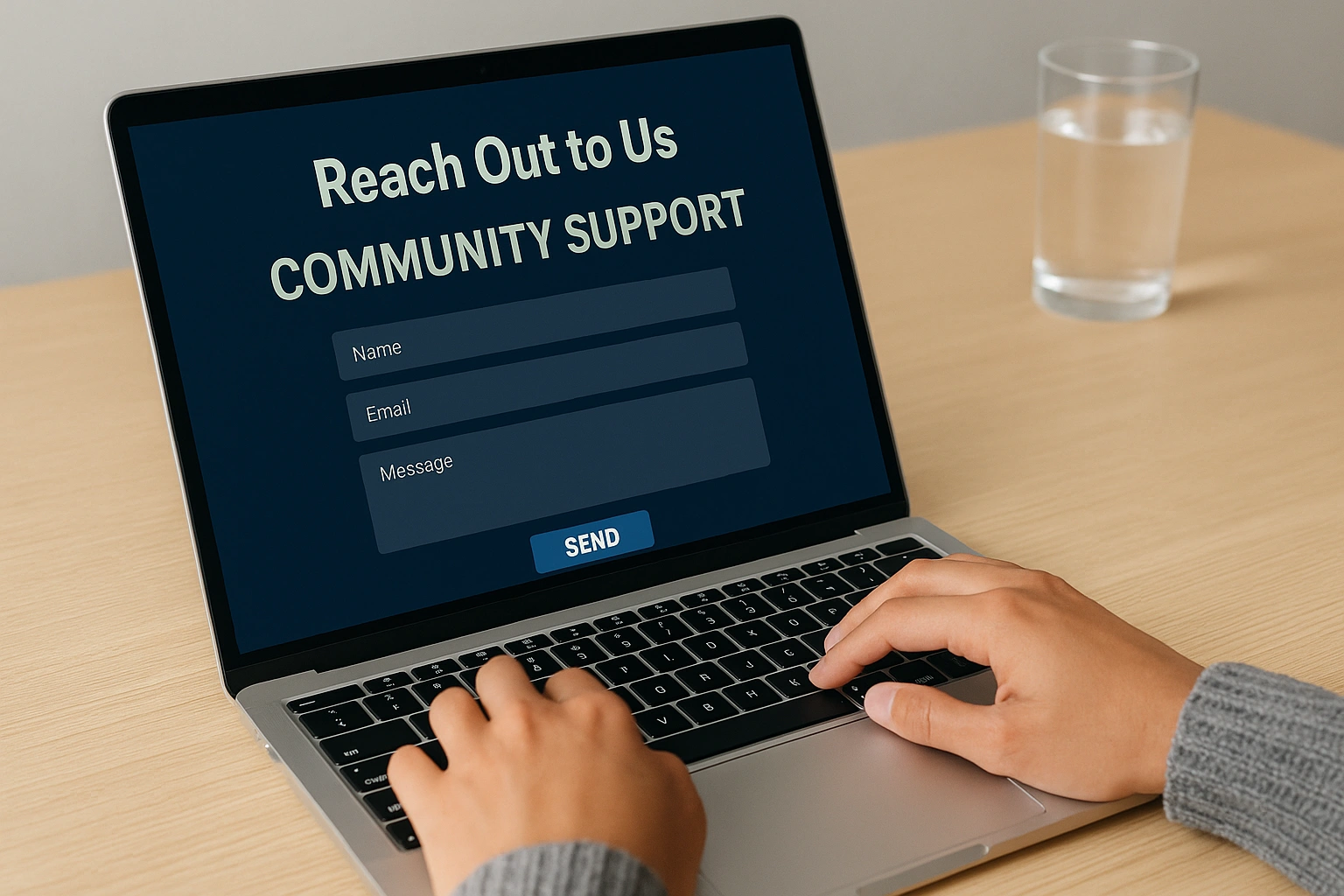 Person typing a message on a laptop with a contact form on screen, representing community support and reaching out to virtual fitness platform.