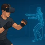 Person using AI VR fitness technology in a virtual boxing ring, with real-time AI skeletal tracking and performance analytics, illustrating intelligent, immersive workouts of the future.