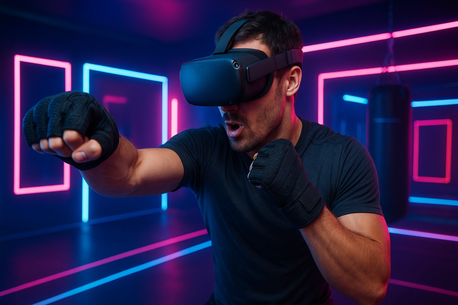 Person using VR fitness grips and gloves with knuckle straps during an intense virtual boxing workout in a neon VR gym, showing improved control, comfort, and immersion.