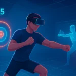 Person using VR headset for an immersive VR fitness game in 2025, with mixed-reality elements, glowing digital targets, and AI avatars in a dynamic, futuristic workout environment.