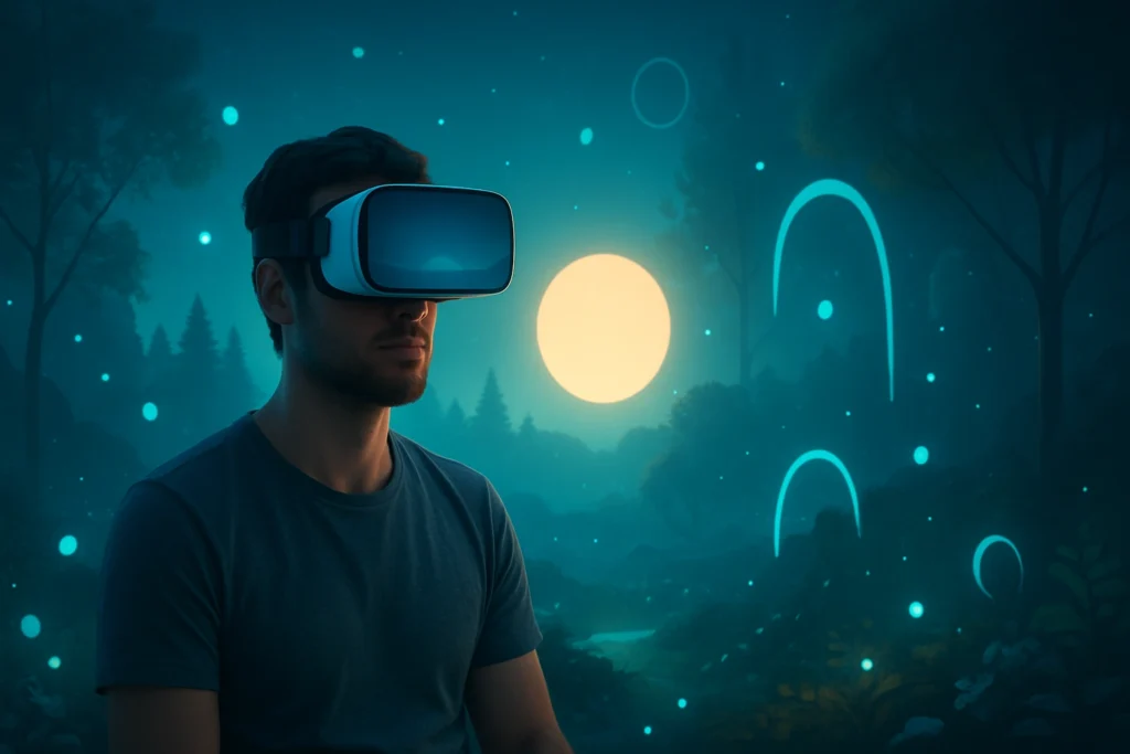 Person using VR headset immersed in a calming virtual reality environment with glowing lights, nature scenery, and abstract shapes, representing VR relaxation apps for anxiety relief.