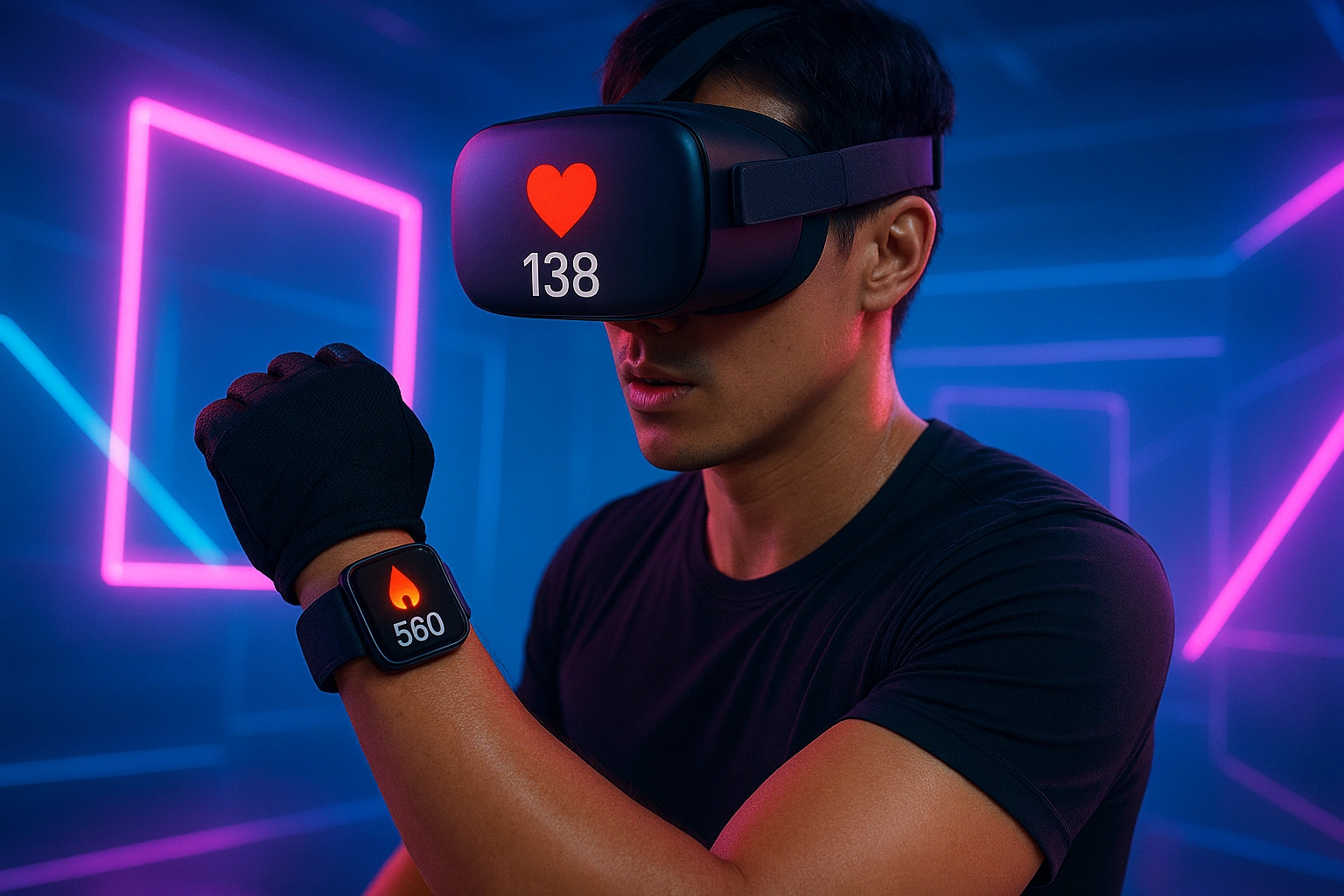 Person using a VR headset and smartwatch during a virtual workout, heart rate and calorie data displayed in real-time in a neon-lit VR environment