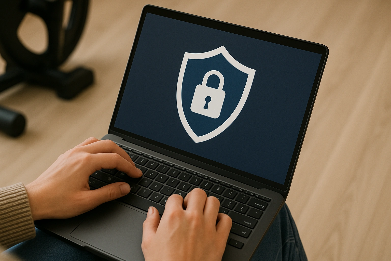 Person using a laptop with a digital privacy shield and lock icon, symbolizing data protection and privacy while engaging in virtual fitness activities.