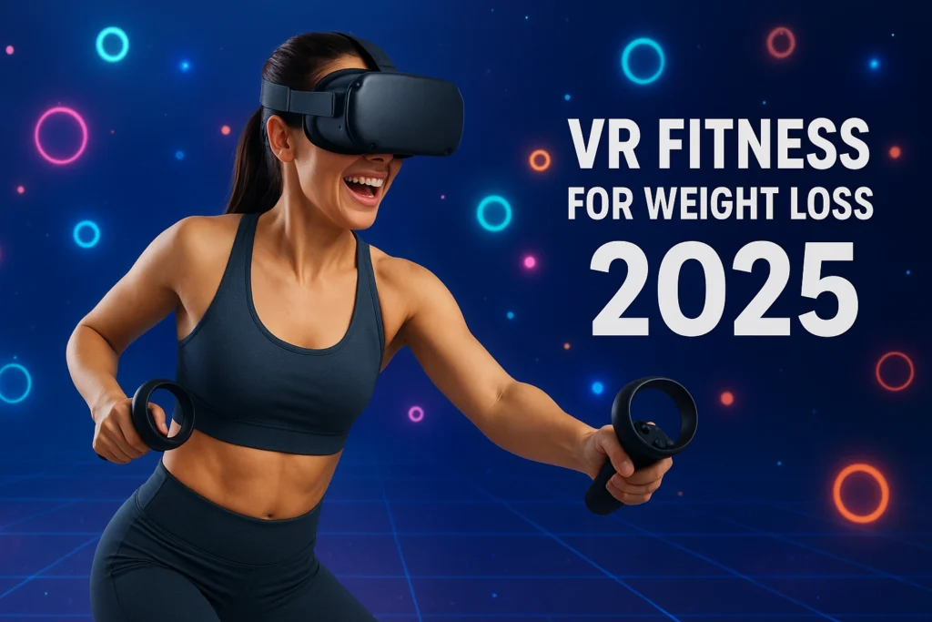Person wearing a VR headset and controllers performing full-body movements in an immersive virtual environment, highlighting VR fitness for weight loss and calorie burning in 2025.