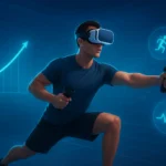Person wearing a VR headset and exercising in a futuristic digital gym with holographic charts and floating VR icons, representing VR fitness industry growth and immersive virtual workouts.