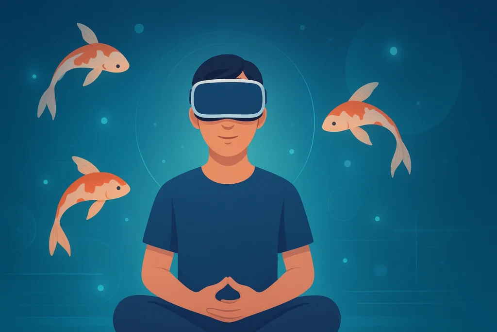 A person using a VR headset for meditation in a calming, futuristic digital environment with floating koi fish and soft glowing lights, representing immersive mental wellness and VR wellness apps.