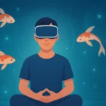 A person using a VR headset for meditation in a calming, futuristic digital environment with floating koi fish and soft glowing lights, representing immersive mental wellness and VR wellness apps.