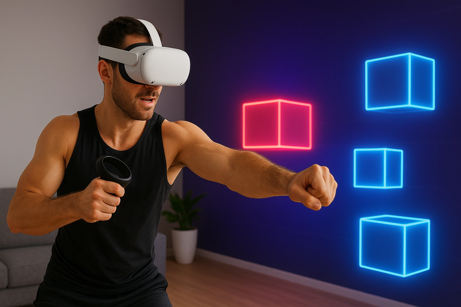 Person exercising at home with Meta Quest VR headset, using VR controllers to interact with neon blocks in a virtual fitness environment, showcasing immersive Oculus VR fitness apps for engaging workouts