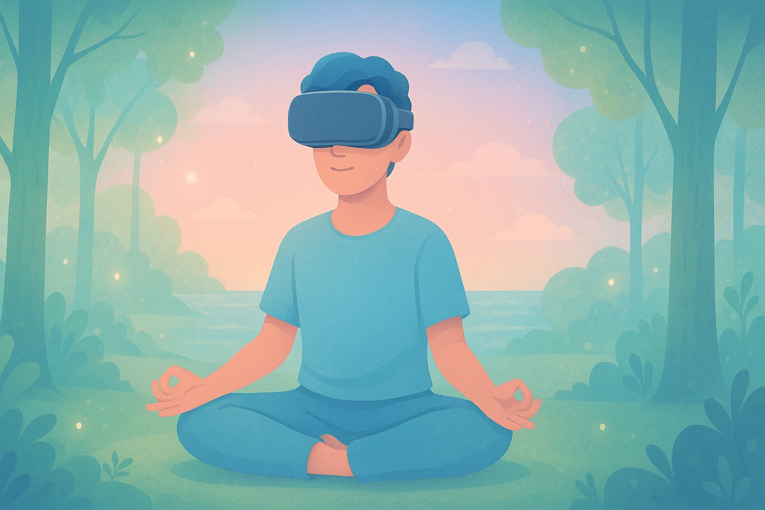 Person wearing VR headset meditating in a serene virtual environment with forest and ocean background, soft glowing lights, and calming pastel colors, illustrating immersive VR meditation for stress relief.